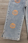 "Take Me To The Pumpkin Patch" Denim Pant Set - 6-12 Months - Light wash denim pants with orange pumpkin embroidery along the leg and frayed hems.