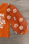 "Take Me To The Pumpkin Patch" Denim Pant Set - 6-12 Months - Orange long-sleeve shirt with white pumpkin print and white text paired with blue denim jeans.