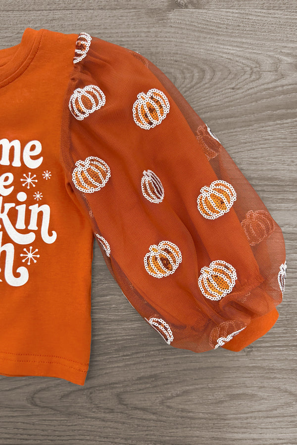 "Take Me To The Pumpkin Patch" Denim Pant Set - 6-12 Months - Orange long-sleeve shirt with white pumpkin print and white text paired with blue denim jeans.