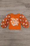 "Take Me To The Pumpkin Patch" Denim Pant Set - 6-12 Months - Orange long-sleeve shirt with white "Take me to the Pumpkin Patch" text and pumpkin-patterned puff sleeves.