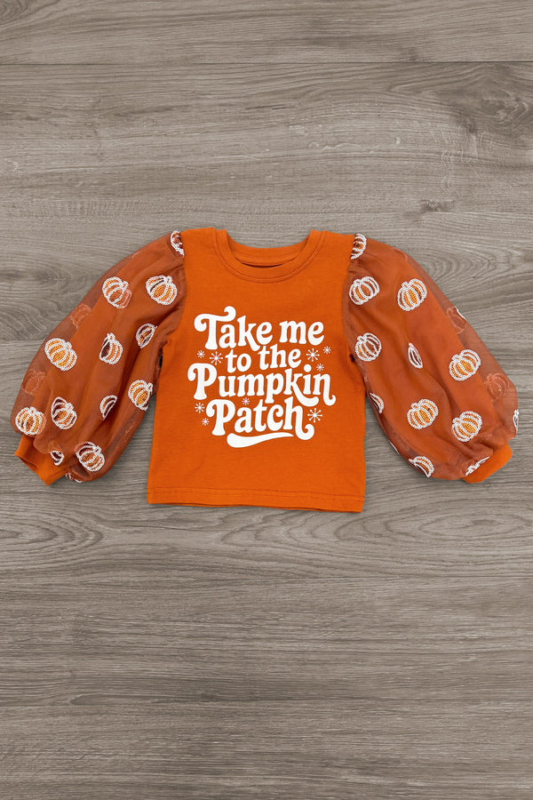 "Take Me To The Pumpkin Patch" Denim Pant Set - 6-12 Months - Orange long-sleeve shirt with white "Take me to the Pumpkin Patch" text and pumpkin-patterned puff sleeves.