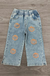 "Take Me To The Pumpkin Patch" Denim Pant Set - 6-12 Months - Light wash denim pants with elastic waistband and orange pumpkin prints down front legs.
