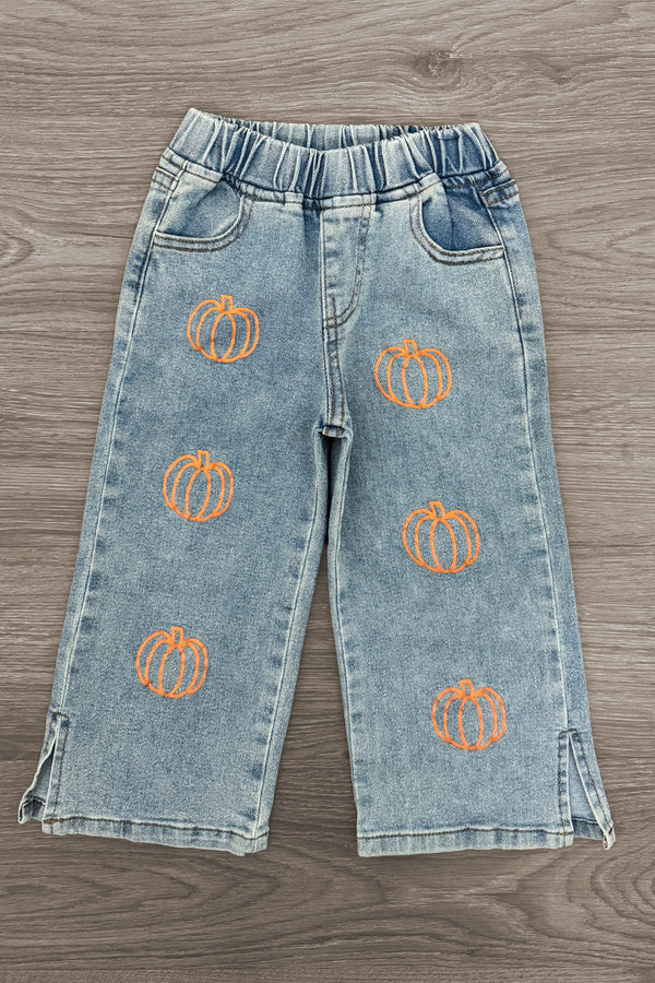 "Take Me To The Pumpkin Patch" Denim Pant Set - 6-12 Months - Light wash denim pants with elastic waistband and orange pumpkin prints down front legs.