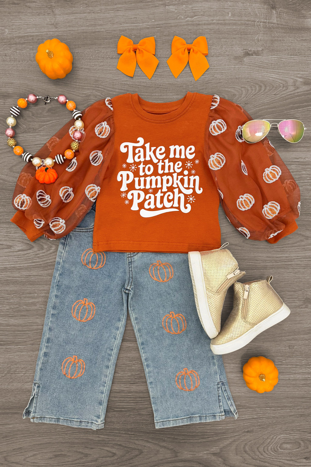 "Take Me To The Pumpkin Patch" Denim Pant Set - 6-12 Months - Orange long-sleeve top with pumpkin print and "Take me to the Pumpkin Patch" text, paired with light blue denim pants and.
