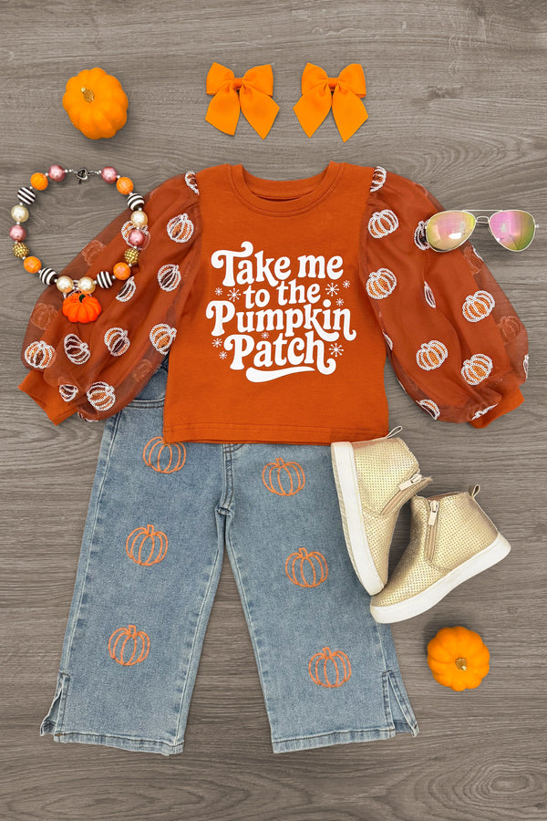 "Take Me To The Pumpkin Patch" Denim Pant Set - 6-12 Months - Orange long-sleeve top with pumpkin print and "Take me to the Pumpkin Patch" text, paired with light blue denim pants and.
