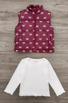 Mom & Me - Bow Vest Set - CHILD-6-12 Months - Burgundy quilted vest with white bow pattern and white long-sleeve shirt with scalloped edges.