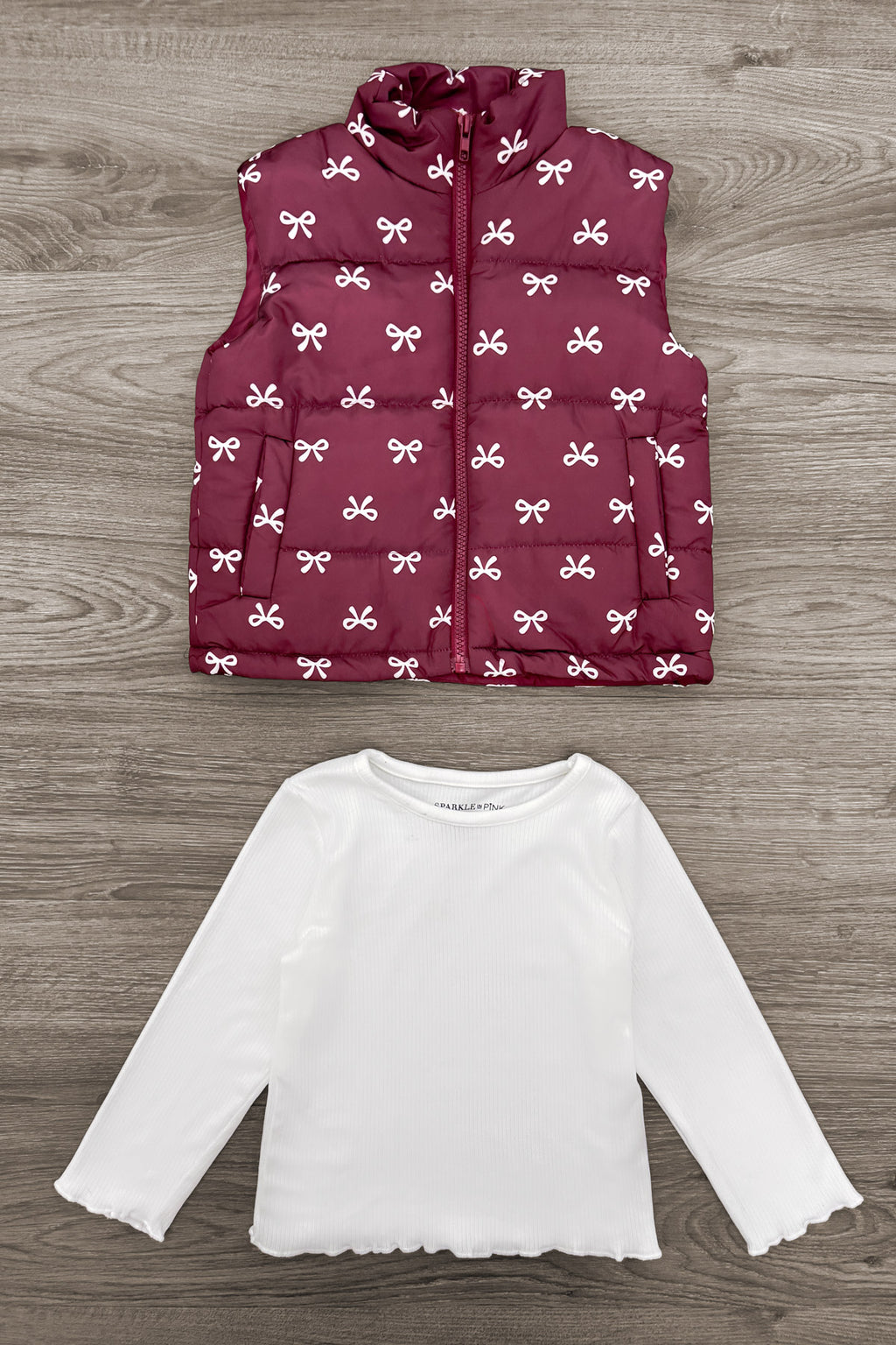 Mom & Me - Bow Vest Set - CHILD-6-12 Months - Burgundy quilted vest with white bow pattern and white long-sleeve shirt with scalloped edges.