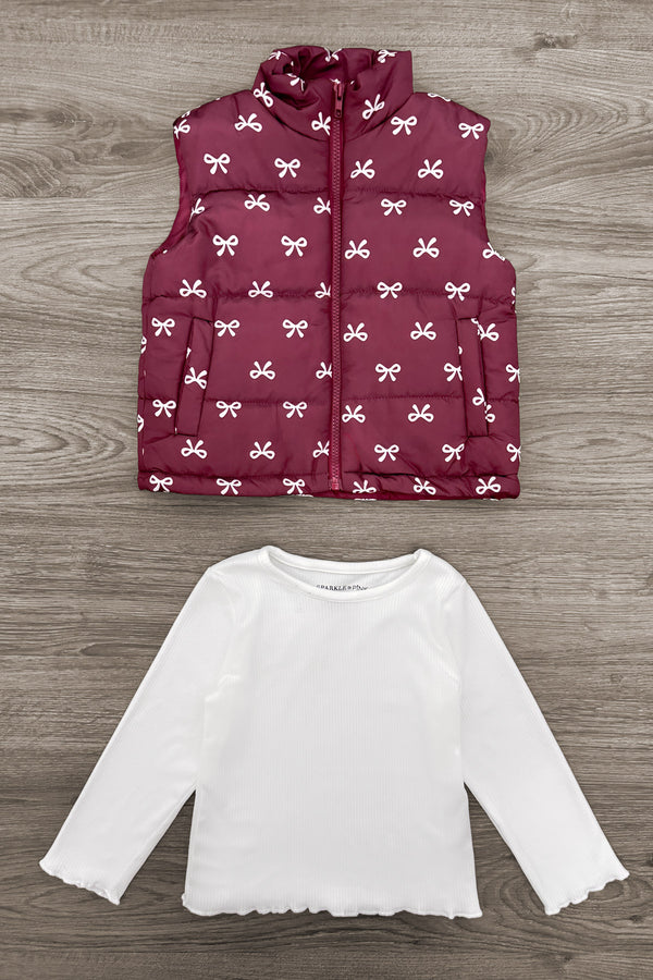 Mom & Me - Bow Vest Set - CHILD-6-12 Months - Burgundy quilted vest with white bow pattern and white long-sleeve shirt with scalloped edges.