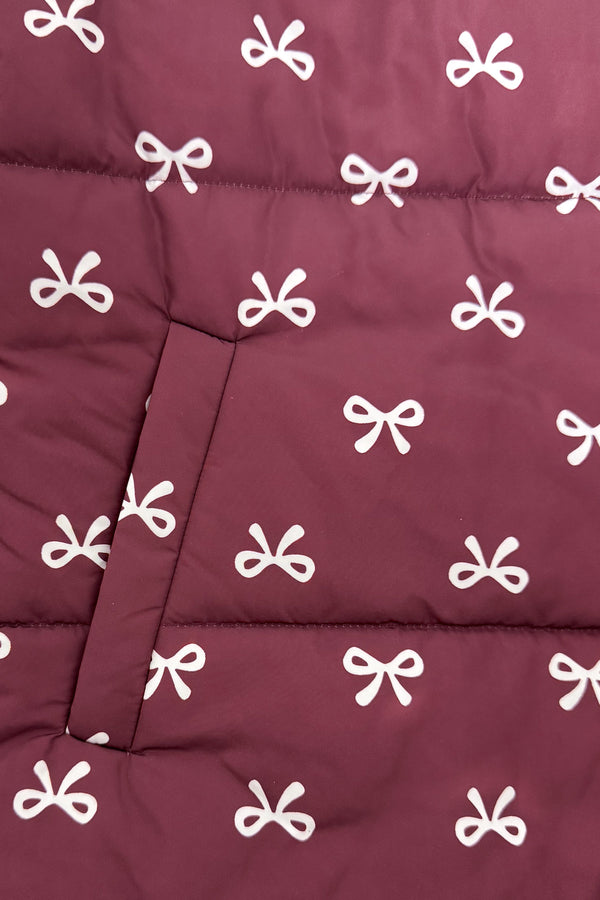 Mom & Me - Bow Vest Set - CHILD-6-12 Months - Burgundy quilted fabric with small white bow prints on a padded vest material.
