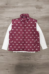 Mom & Me - Bow Vest Set - MOM-XS - Burgundy quilted vest with white bow pattern layered over a white long-sleeve shirt on wood background.