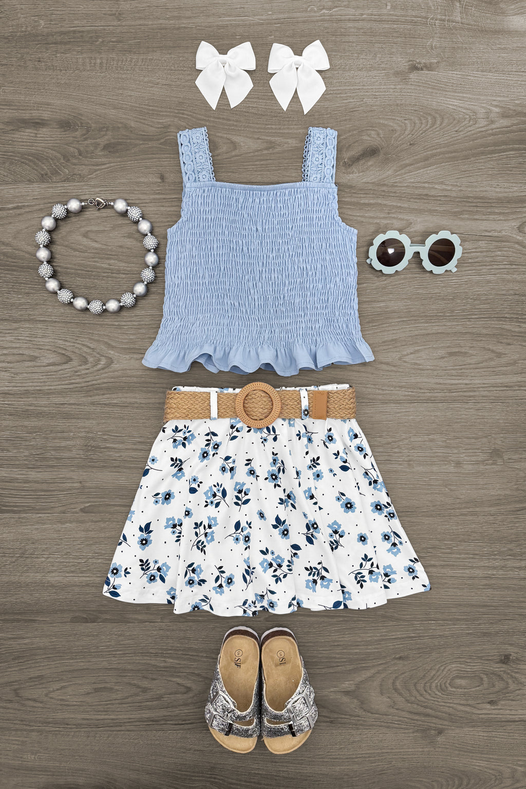 Dusty Blue Floral Skirt Set | Sparkle in Pink