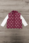 Mom & Me - Bow Vest Set - CHILD-6-12 Months - Burgundy quilted vest with white bow print layered over a long-sleeve white shirt on wooden floor background.