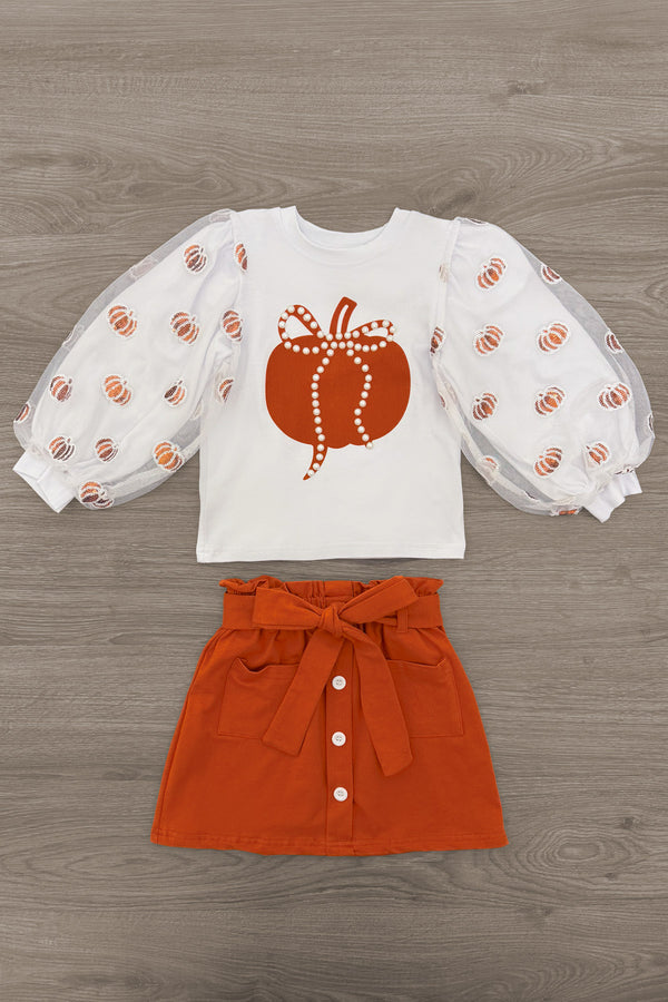 Pearl & Sequin Rust Pumpkin Skirt Set - 6-12 Months - White long-sleeve top with puffed sheer sleeves patterned with small rust pumpkins and a large rust pumpkin with pearl and.