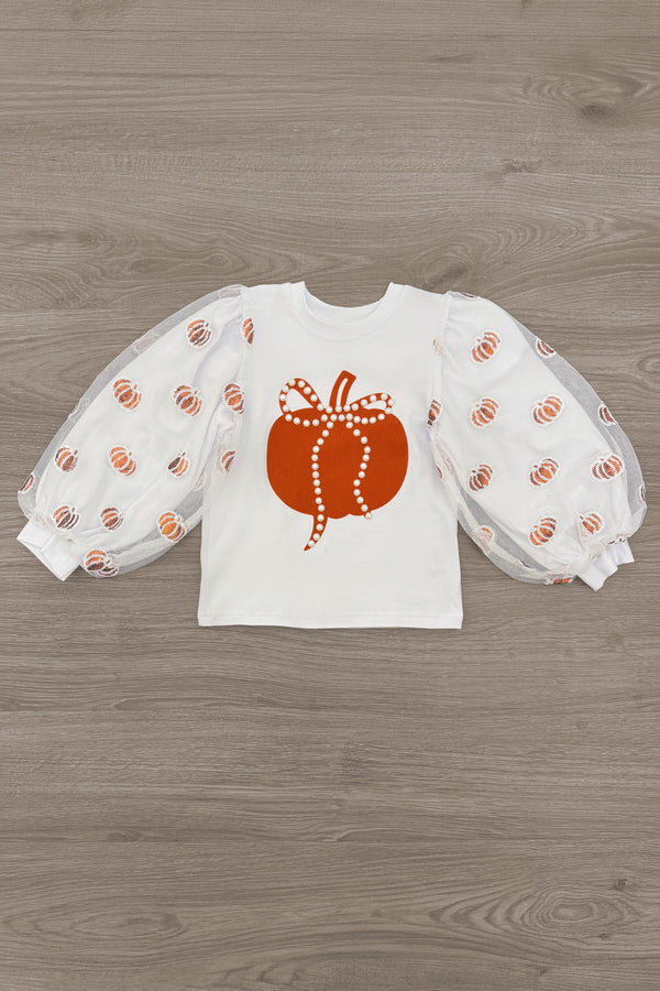 Pearl & Sequin Rust Pumpkin Skirt Set - 6-12 Months - White long-sleeve top with sheer puff sleeves, rust-colored sequin and pearl pumpkin design on front.
