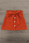 Pearl & Sequin Rust Pumpkin Skirt Set - 6-12 Months - Rust-colored skirt with front buttons, paperbag waist, tie belt, and two front pockets.