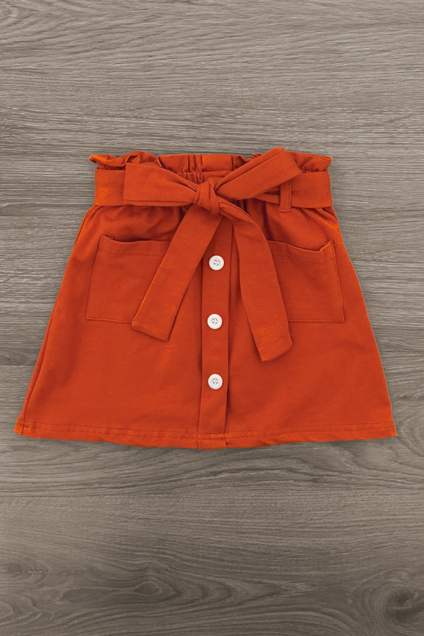 Pearl & Sequin Rust Pumpkin Skirt Set - 6-12 Months - Rust-colored skirt with front buttons, paperbag waist, tie belt, and two front pockets.