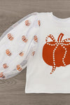 Pearl & Sequin Rust Pumpkin Skirt Set - 6-12 Months - White long-sleeve top with sheer puff sleeves adorned with rust-colored sequin pumpkins and a large rust pumpkin on the.