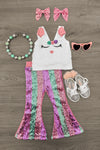 White Sequin Bunny Striped Flare Set | Sparkle in Pink