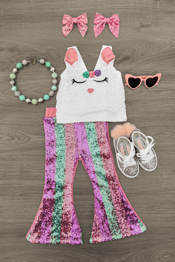 White Sequin Bunny Striped Flare Set | Sparkle in Pink
