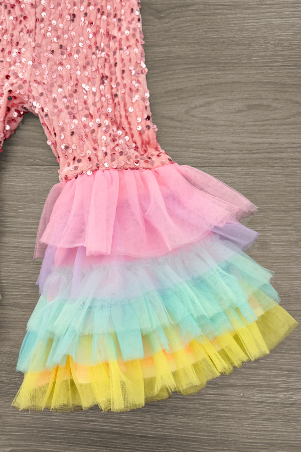 "Eggstra" Pink Sequin Tulle Bell Bottom Set | Sparkle in Pink