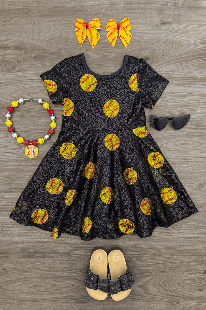 Black Sequin Softball Dress - 3XS-6-12 Months - Black sequin dress with yellow softball prints, short sleeves, and flared skirt, paired with yellow bow clips, colorful bead .