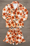 Mom & Me - Halloween Waffle Knit Pajamas - MOM-XS - Orange waffle knit pajama set with long-sleeve button shirt and shorts, featuring Halloween pumpkin and ghost prints.