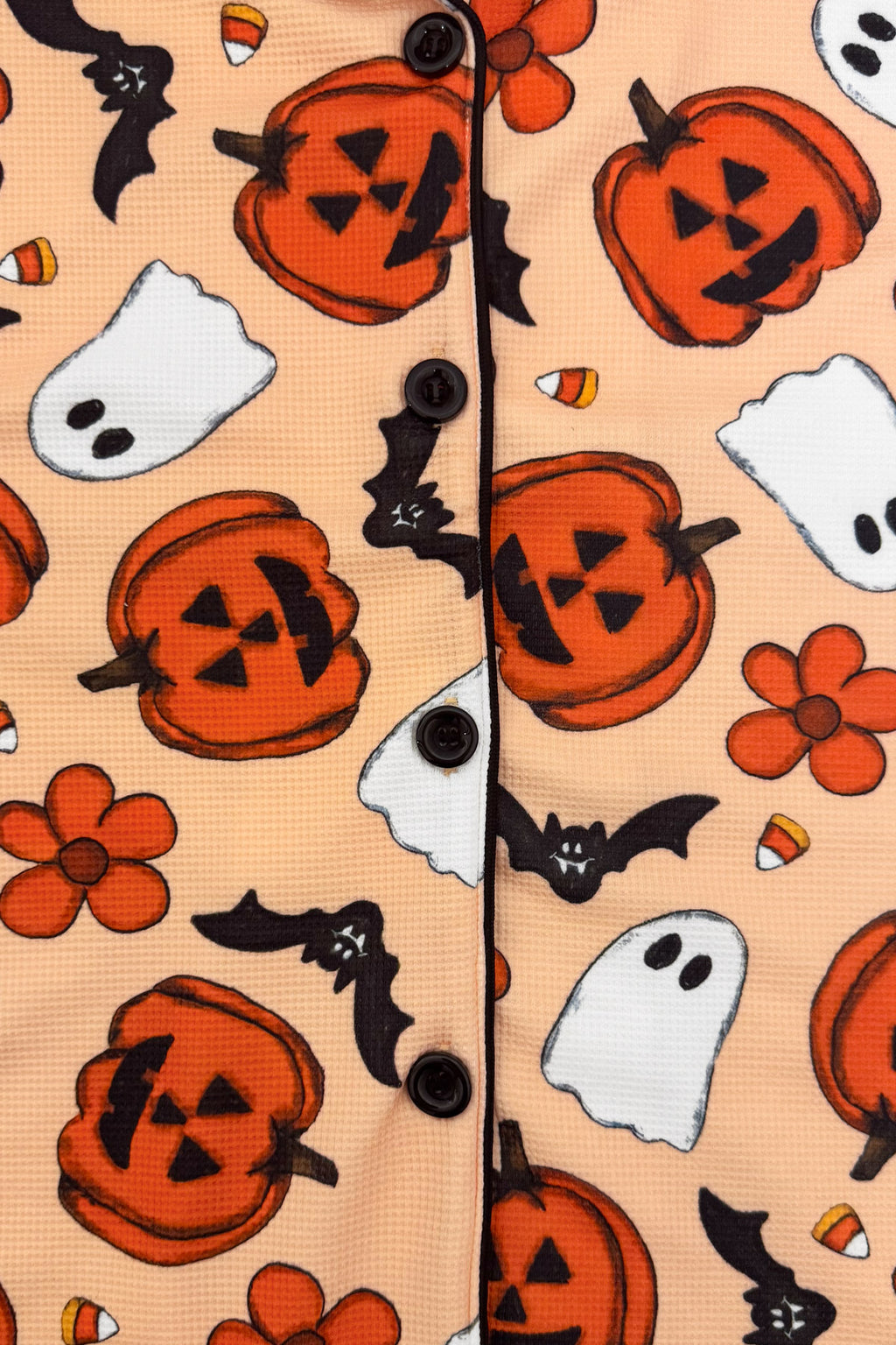 Mom & Me - Halloween Waffle Knit Pajamas - CHILD-6-12 Months - Orange waffle-knit fabric with Halloween-themed prints of jack-o'-lanterns, white ghosts, black bats, candy corn, and orange