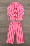 Mom & Me - Pink & Red Stripe Bow Pajamas - CHILD-6-12 Months - Pink pajama set with vertical red stripes, long-sleeve button-up top featuring three red bow accents, and matching.