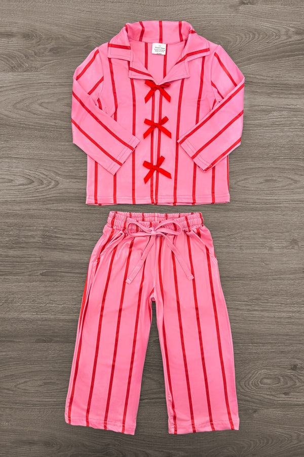 Mom & Me - Pink & Red Stripe Bow Pajamas - CHILD-6-12 Months - Pink pajama set with vertical red stripes, long-sleeve button-up top featuring three red bow accents, and matching.