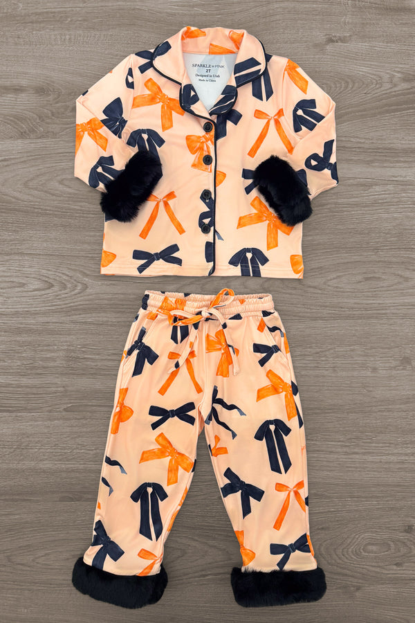 Mom & Me - Fuzzy Orange & Black Bow Pajamas - CHILD-6-12 Months - Fuzzy orange pajamas with black bows, long sleeves, button-up top, and elastic waist pants with black fuzzy cuffs and pocket