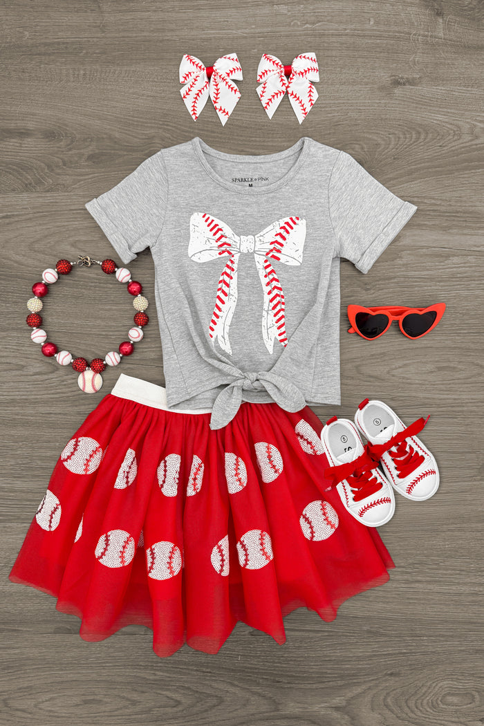 Red Sequin Baseball Tutu Skirt Set - 6-12 Months - Gray short-sleeve top with red sequin baseball stitching, red tutu skirt with white baseball prints, matching red and white.