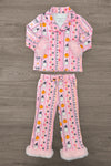 Mom & Me - Fuzzy Pumpkin & Ghost Pajamas - CHILD-6-12 Months - Pink long-sleeve button-up pajamas with Halloween-themed pumpkin, ghost, and candy prints, featuring white fuzzy cuffs on.