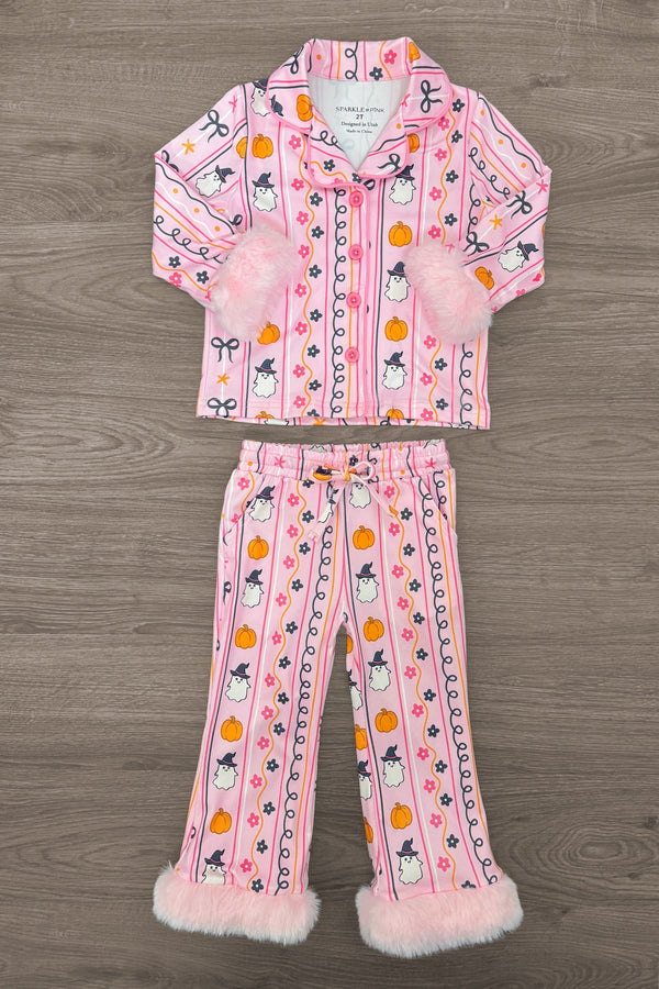 Mom & Me - Fuzzy Pumpkin & Ghost Pajamas - CHILD-6-12 Months - Pink long-sleeve button-up pajamas with Halloween-themed pumpkin, ghost, and candy prints, featuring white fuzzy cuffs on.