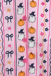 Mom & Me - Fuzzy Pumpkin & Ghost Pajamas - CHILD-6-12 Months - Pink fuzzy pajama pants with vertical rows of black bows, white ghosts wearing witch hats, orange pumpkins, and small.