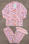 Mom & Me - Fuzzy Pumpkin & Ghost Pajamas - MOM-XS - Pink fuzzy pajamas set with pumpkin and ghost patterns, button-up top, and fluffy cuffs on sleeves and pants.