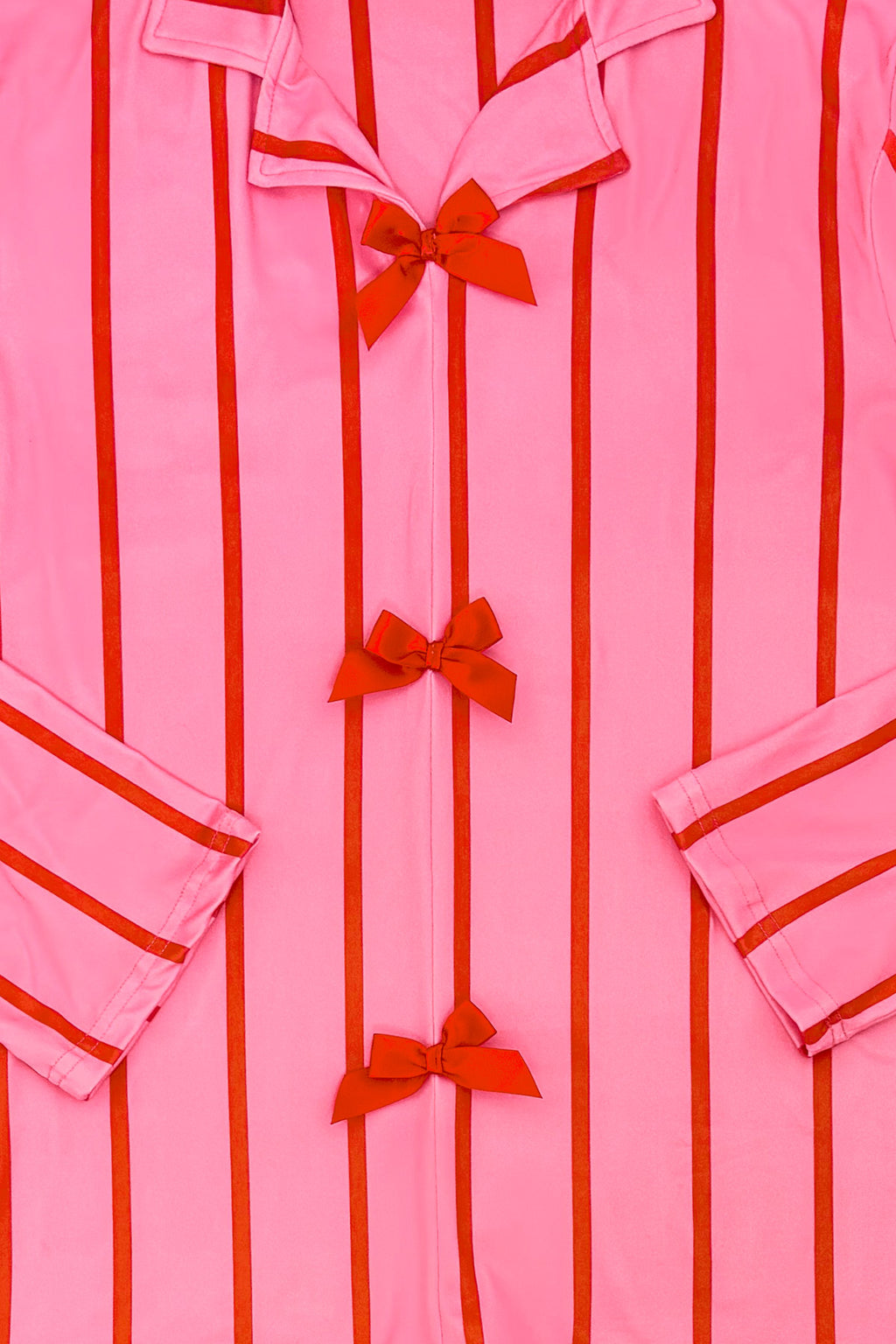 Mom & Me - Pink & Red Stripe Bow Pajamas - CHILD-6-12 Months - Pink pajama top with vertical red stripes, three small red bow accents down the front, and long sleeves with red striped.
