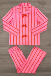 Mom & Me - Pink & Red Stripe Bow Pajamas - MOM-XS - Pink long-sleeve pajama set with vertical red stripes and three red bow accents on the top.