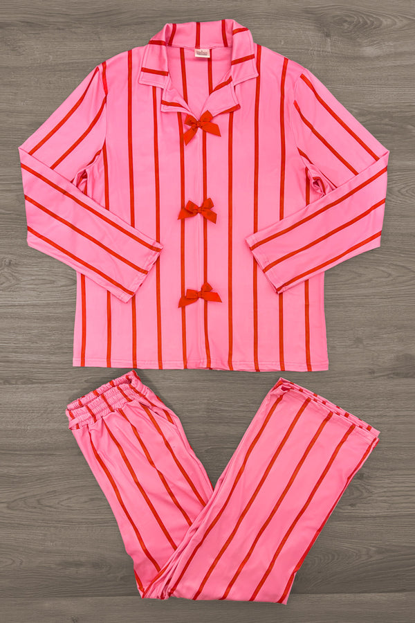 Mom & Me - Pink & Red Stripe Bow Pajamas - MOM-XS - Pink long-sleeve pajama set with vertical red stripes and three red bow accents on the top.