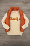 Mom & Me - "Thankful" Vest Set - MOM-XS - Cream long-sleeve shirt with orange "Thankful" script paired with a sleeveless burnt orange quilted vest.