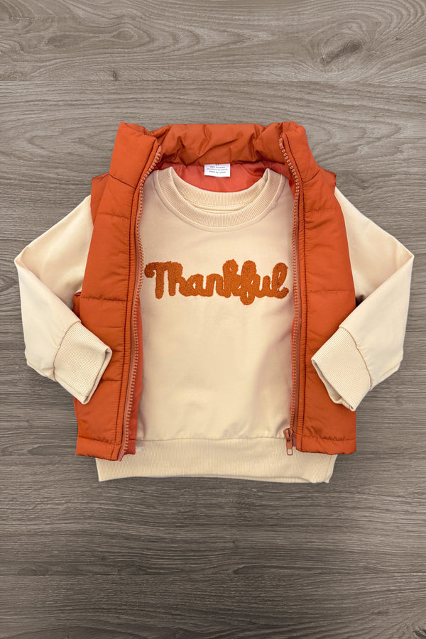 Mom & Me - "Thankful" Vest Set - CHILD-6-12 Months - Tan long-sleeve shirt with orange "Thankful" script paired with a quilted orange sleeveless vest.