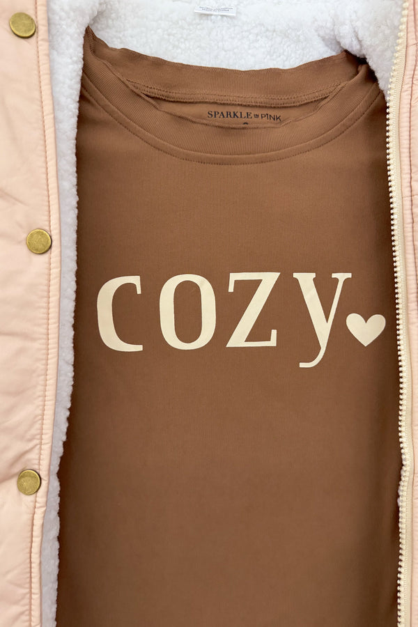 Mom & Me - "Cozy" Vest Set - CHILD-6-12 Months - Brown sleeveless vest with "cozy" and heart printed in cream font on front.