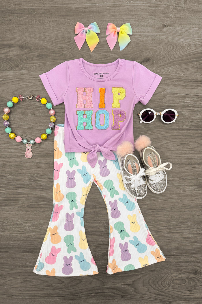 "Hip Hop" Rainbow Peep Flare Pant Set - 3XS-6-12 Months - Toddler pink "HIP HOP" tee with rainbow block letters, white flare pants with pastel bunny print, matching rainbow hair.