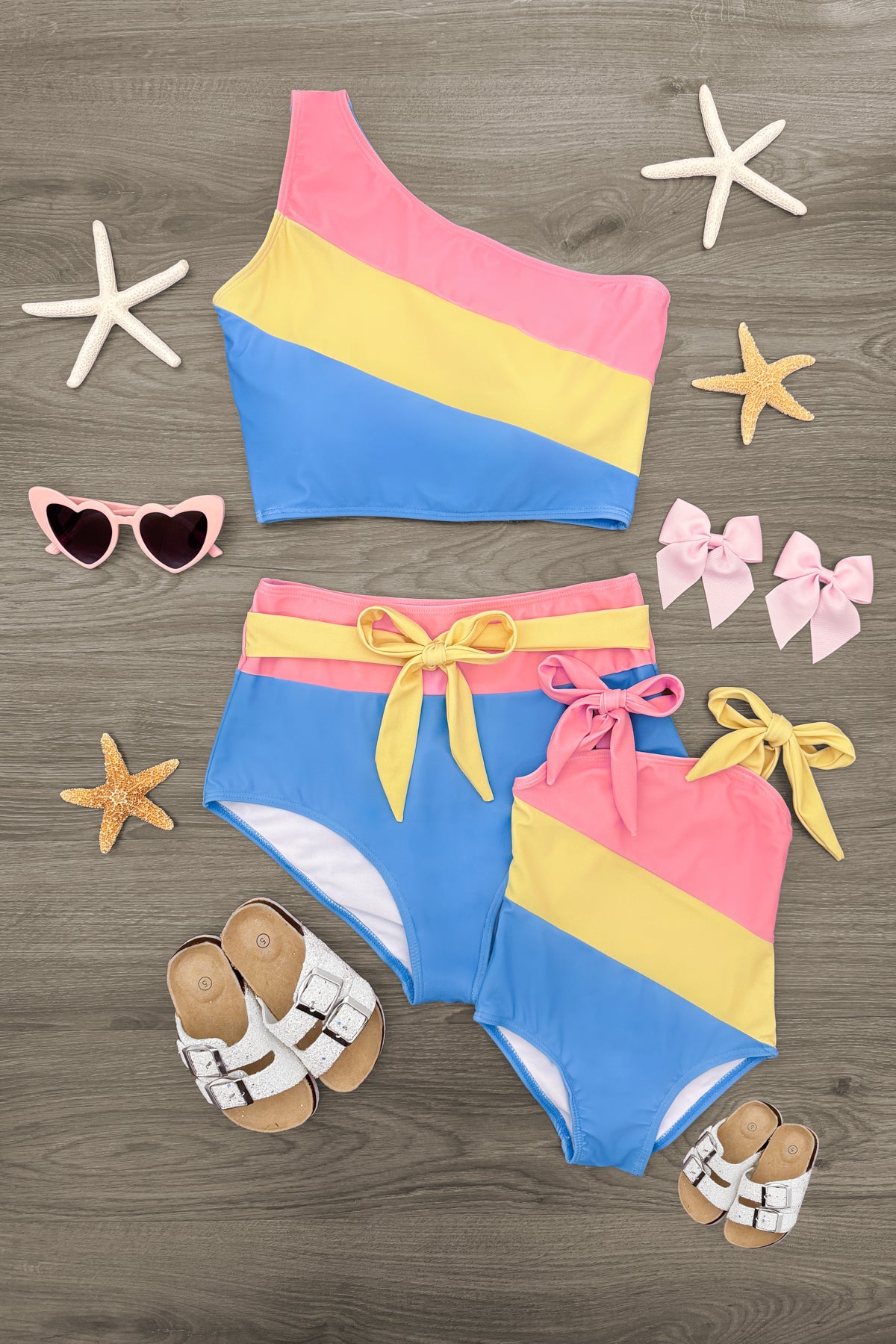 Mom & Me - Pink Yellow & Blue Striped Swimsuit