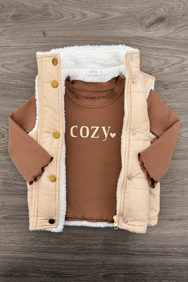 Mom & Me - "Cozy" Vest Set - CHILD-6-12 Months - Tan sherpa-lined sleeveless vest with gold snap buttons layered over a brown long-sleeve shirt with "Cozy" text in cream.