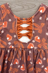 Pumpkin Pie Glitter Dress - 6-12 Months - Brown sleeveless dress with orange bows and a cutout back, featuring glittery pumpkin pie and autumn-themed print.