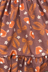 Pumpkin Pie Glitter Dress - 6-12 Months - Brown fabric with glittery pumpkin pie slice and flower patterns on gathered material.