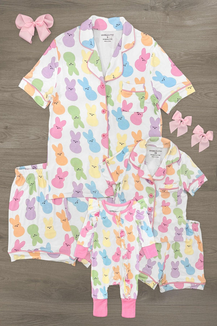 Mom & Me - Bamboo Peep Pajamas - BABY-Newborn-FAMILY - Matching white bamboo pajamas with colorful pastel bunny print, short-sleeve adult and baby sizes, pink bows accessory.