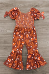 Pumpkin Pie Bell Bottom Jumpsuit - 6-12 Months - Brown bell bottom jumpsuit with puffed sleeves, floral print, and gathered waist and cuffs.