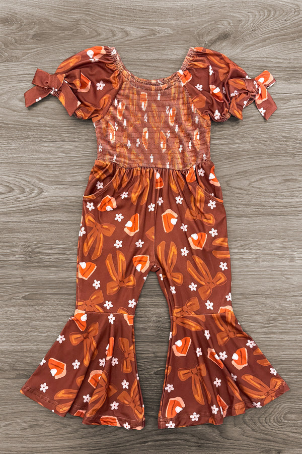 Pumpkin Pie Bell Bottom Jumpsuit - 6-12 Months - Brown bell bottom jumpsuit with puffed sleeves, floral print, and gathered waist and cuffs.