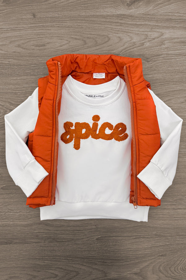 Mom & Me - "Pumpkin & Spice" Vest Set - CHILD-6-12 Months - White long-sleeve shirt with orange "spice" text paired with sleeveless orange quilted vest.